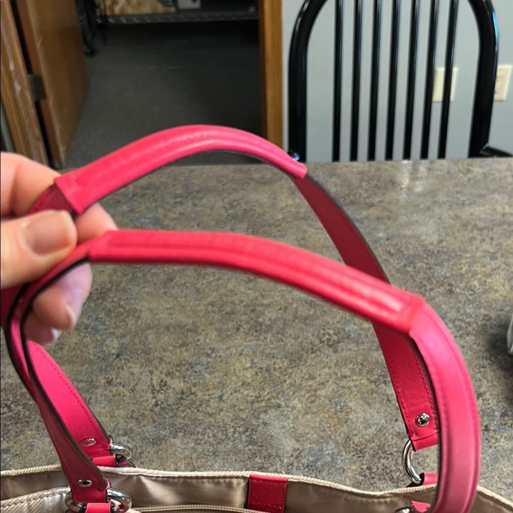 Coach Beige Signature Canvas Shoulder Bag with Pink Trim